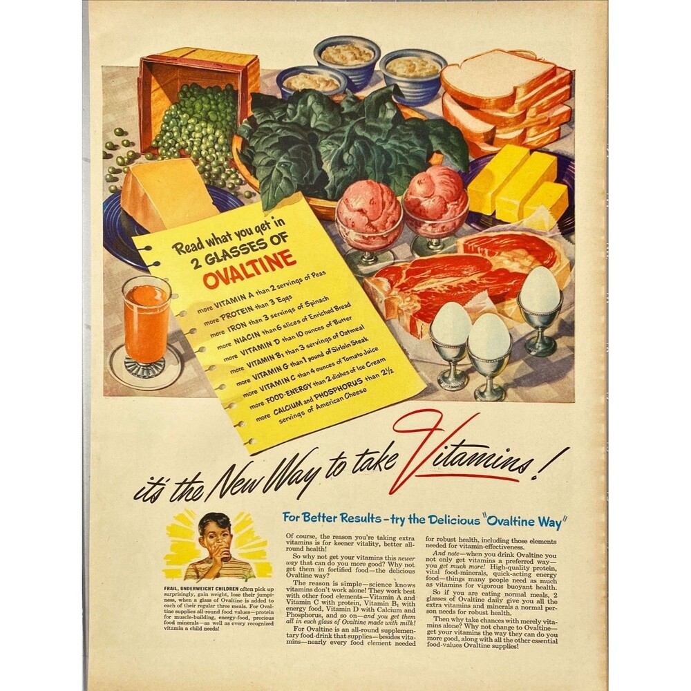 Ovaltine "The New Way to Take Vitamins!" Vintage Print Ad 1946